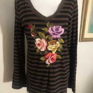 Johnny Was embroidered long sleeve striped top large